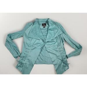 Lena Gabrielle Beige Teal Faux Suede Moto Jacket Open Front Cardiagn Size 4(A30)